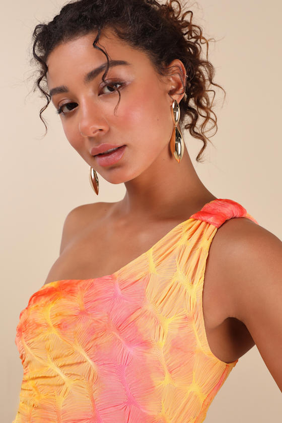 Lulus Donica Yellow Multi Tie-dye One-shoulder Midi Dress In Yellow