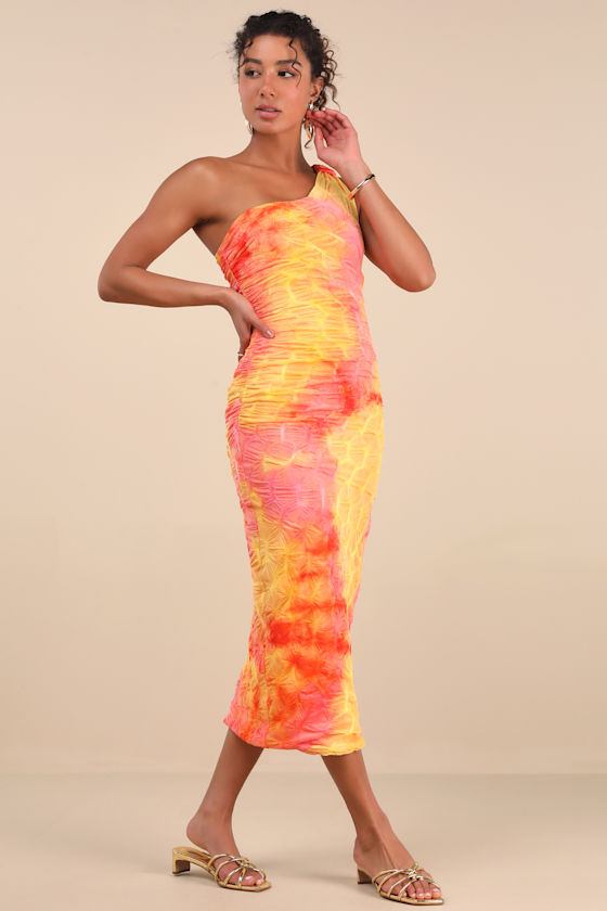 Lulus Donica Yellow Multi Tie-dye One-shoulder Midi Dress In Yellow
