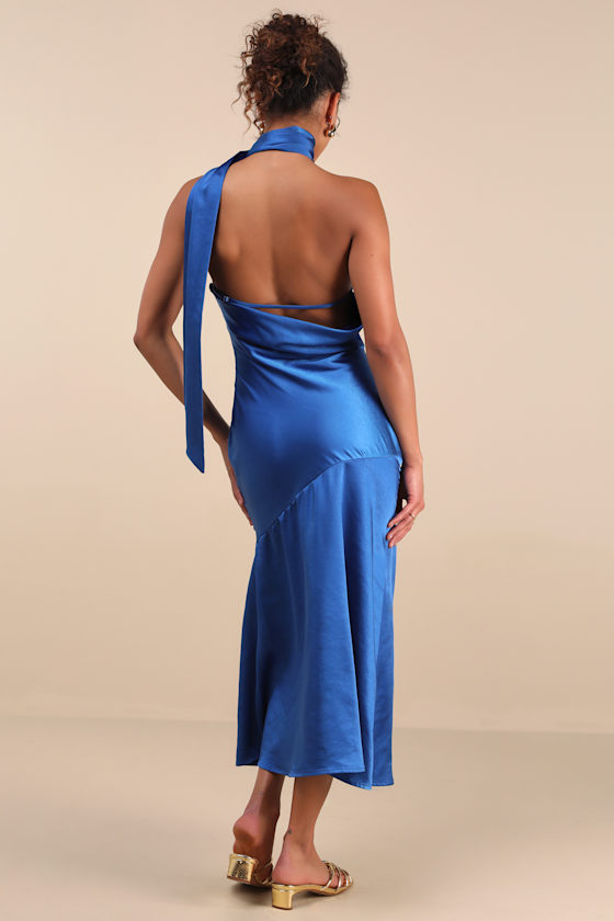 Lulus Reglan Blue Satin One-shoulder Sash Midi Dress In Blue