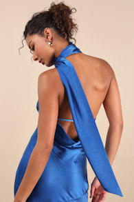 Reglan Blue Satin One-Shoulder Sash Midi Dress