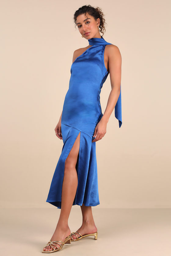 Lulus Reglan Blue Satin One-shoulder Sash Midi Dress In Blue