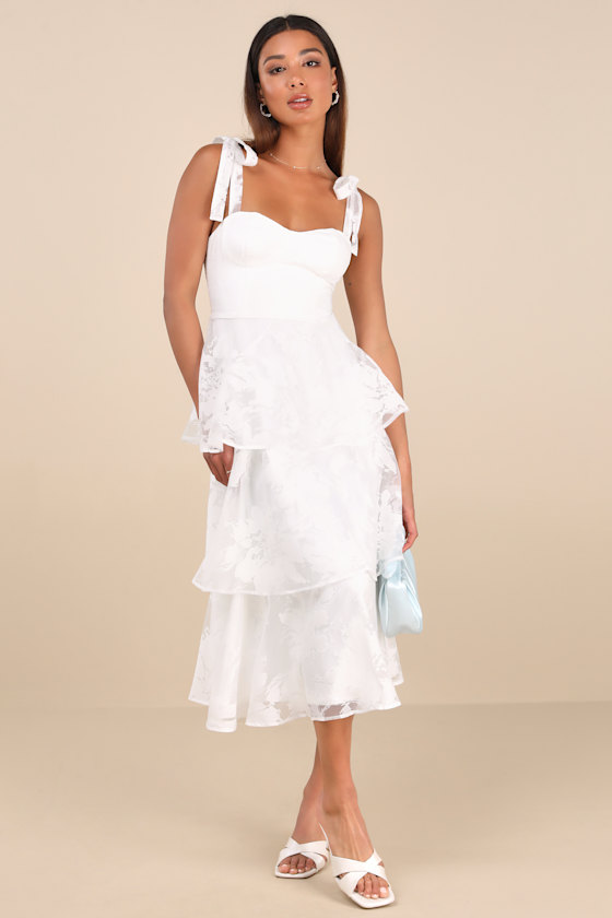 White Floral Burnout Dress - Tie-Strap Dress - Tiered Midi