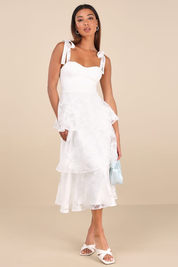White Floral Burnout Dress - Tie-Strap Dress - Tiered Midi Dress - Lulus