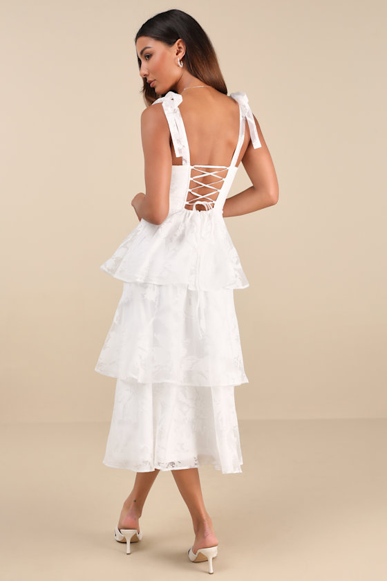 Lulus Drayson White Floral Burnout Tie-strap Tiered Midi Dress In White
