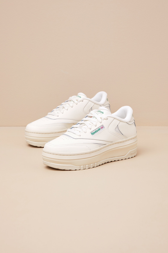 Reebok Club C Extra Chalk And Glen Green Leather Flatform Sneakers In White