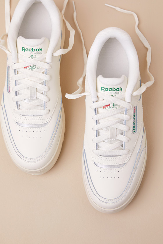 Reebok Club C Extra Chalk And Glen Green Leather Flatform Sneakers In White