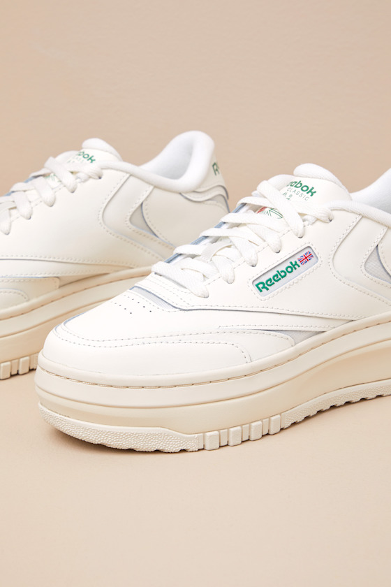 Reebok Club C Extra Chalk And Glen Green Leather Flatform Sneakers In White