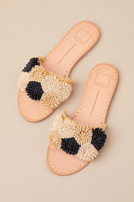 Dolce Vita Danela Black And Natural Raffia Slide Sandals In Black
