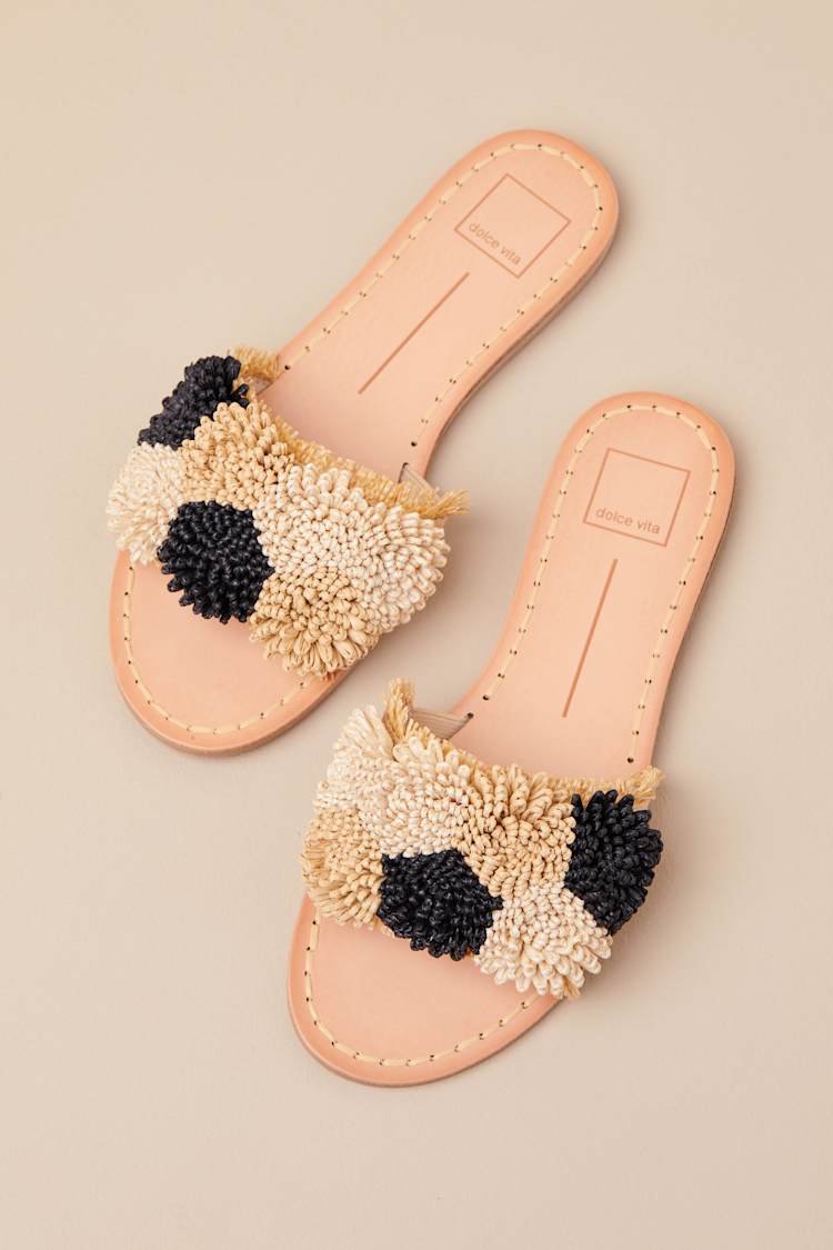 Danela Black and Natural Raffia Slide Sandals