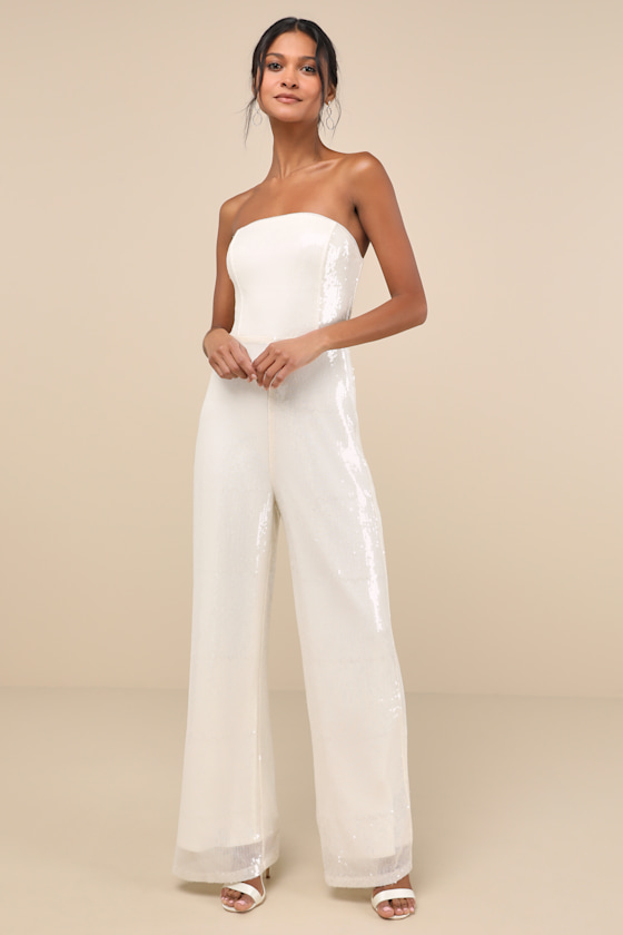 LULUS CHERELLE CREAM SEQUIN STRAPLESS JUMPSUIT 