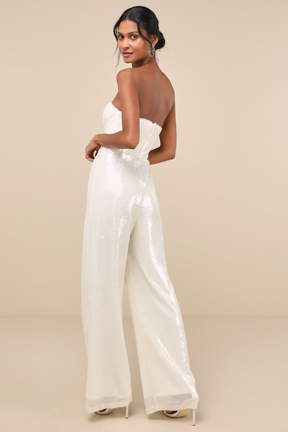 LULUS CHERELLE CREAM SEQUIN STRAPLESS JUMPSUIT 