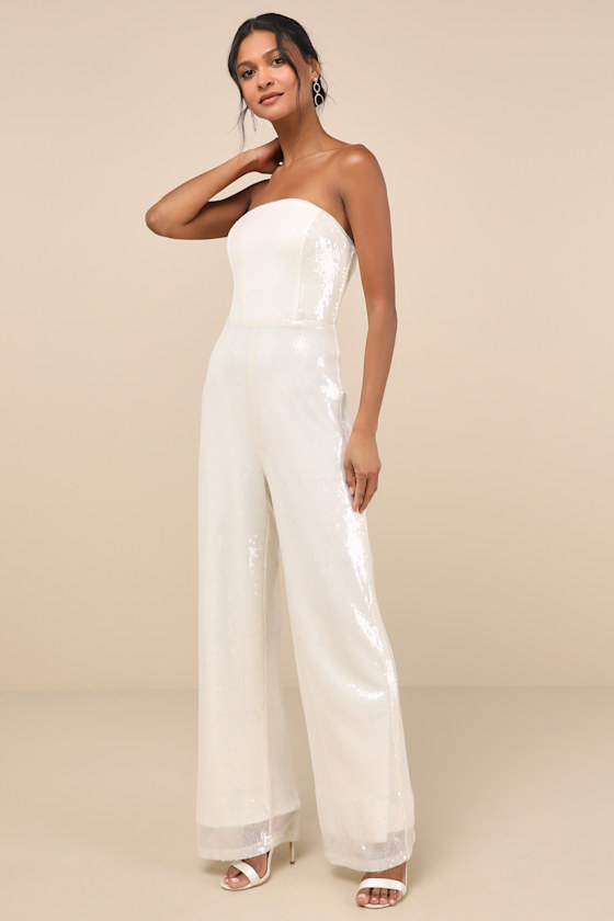 LULUS CHERELLE CREAM SEQUIN STRAPLESS JUMPSUIT 