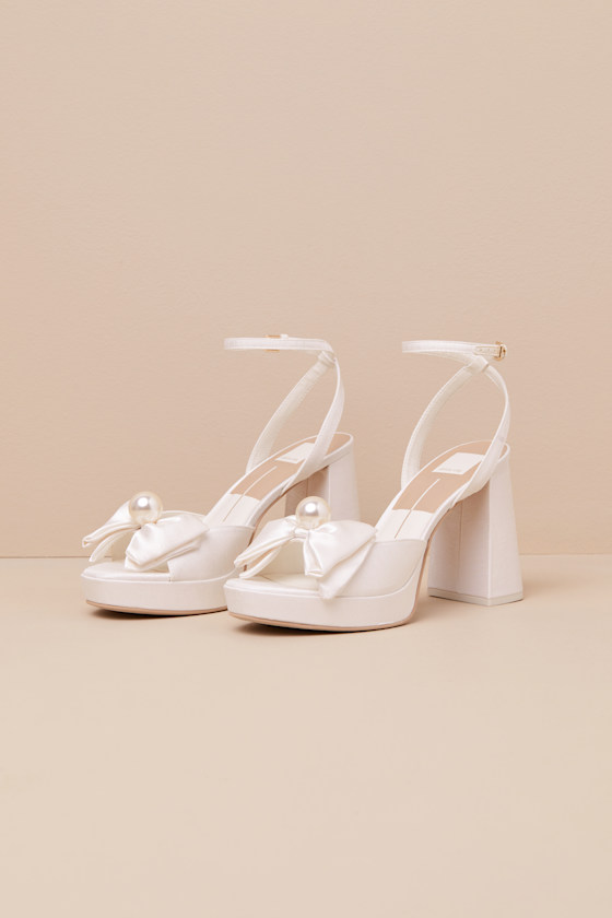 Dolce Vita Patton Ivory Satin Pearl Bow High Heel Ankle Strap Sandals