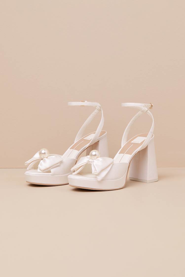 Patton Ivory Satin Pearl Bow High Heel Ankle Strap Sandals
