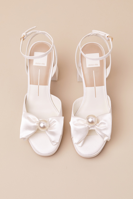 Dolce Vita Patton Ivory Satin Pearl Bow High Heel Ankle Strap Sandals