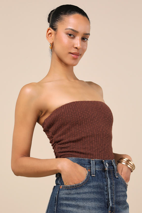 Lulus Lautaro Brown Ribbed Strapless Crop Top In Brown