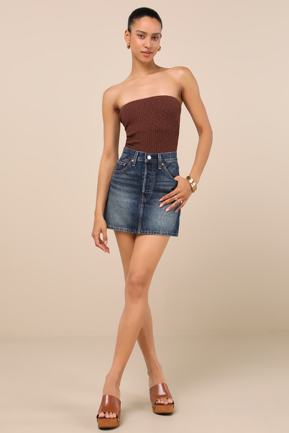 Lautaro Brown Ribbed Strapless Crop Top