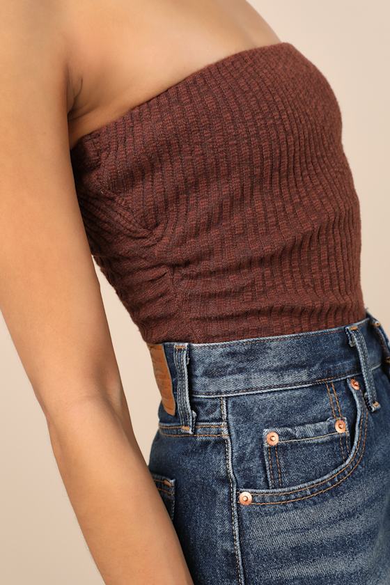 Lulus Lautaro Brown Ribbed Strapless Crop Top In Brown