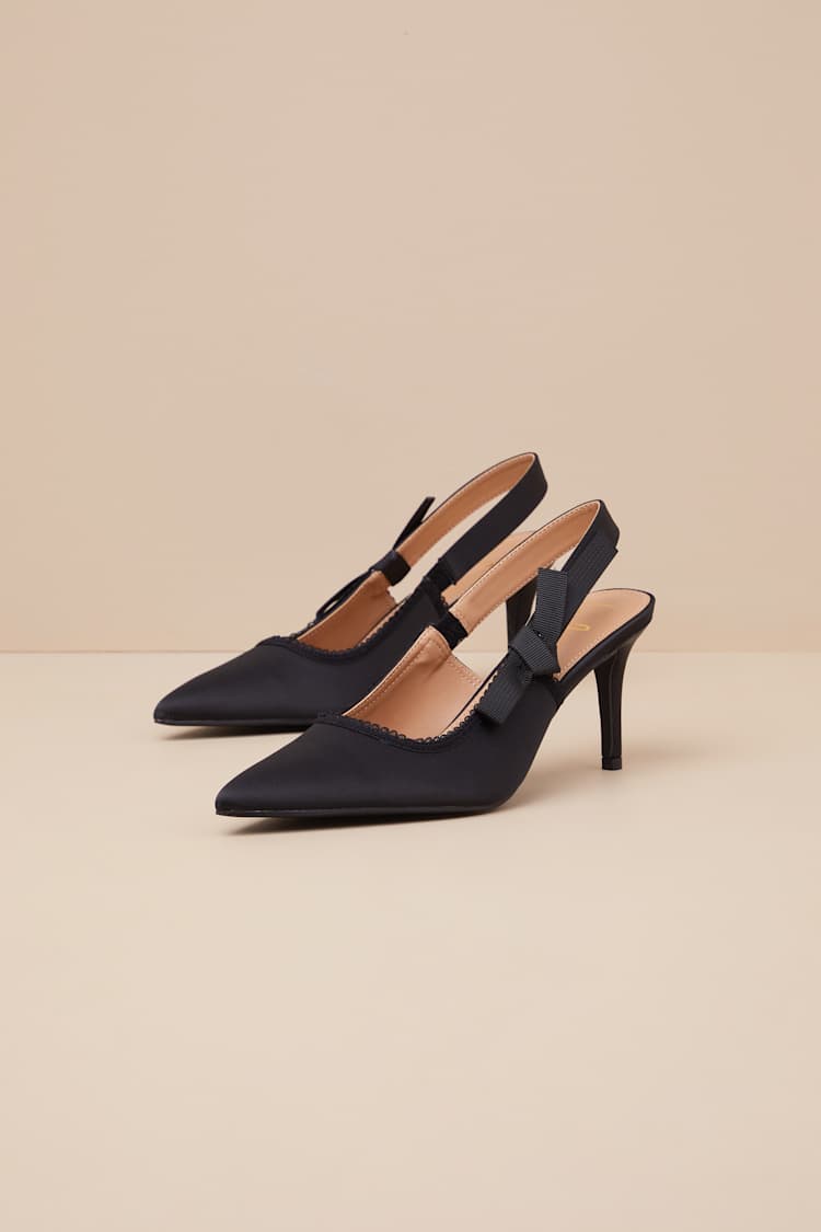 Ancolie Black Satin Bow Pointed-Toe Slingback Pumps
