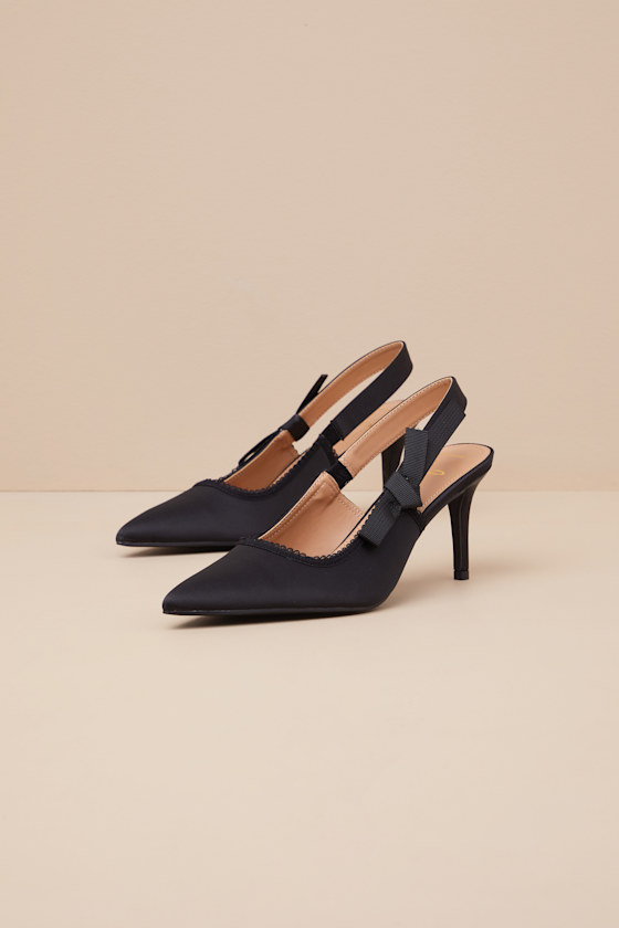 Ancolie Black Satin Bow Pointed-Toe Slingback Pumps 1