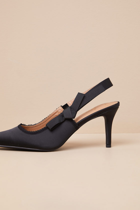 Lulus Ancolie Black Satin Bow Pointed-toe Slingback Pumps In Black