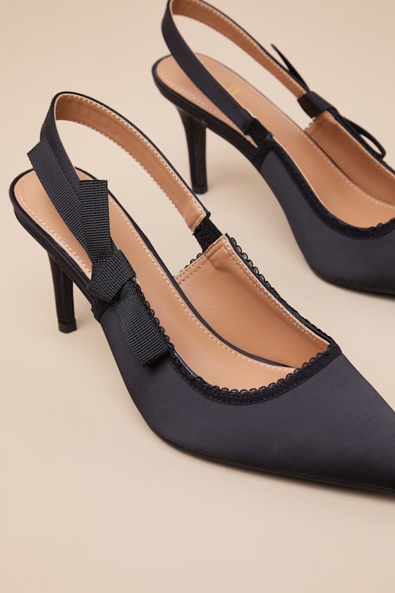 Lulus Ancolie Black Satin Bow Pointed-toe Slingback Pumps In Black