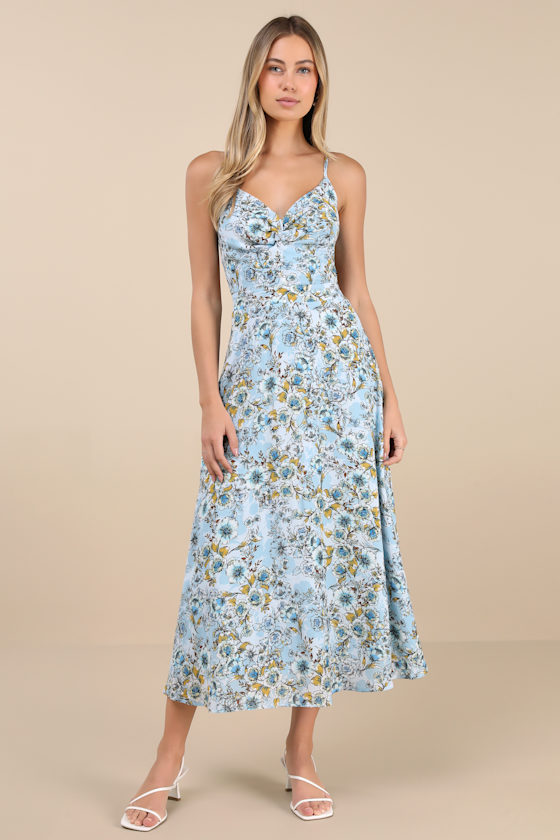 Shop Lulus Tie With You Light Blue Floral Print Tie-back Midi Dress