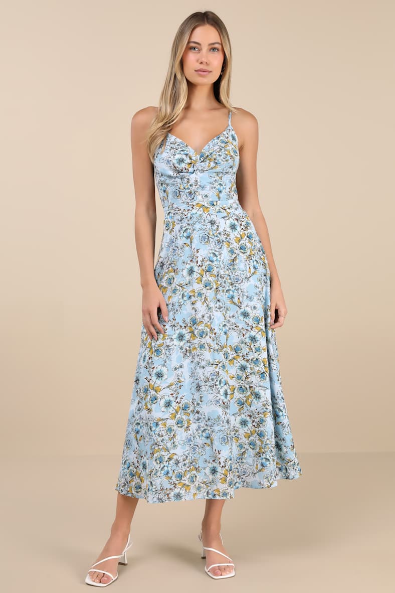 Tie With You Light Blue Floral Print Tie-Back Midi Dress
