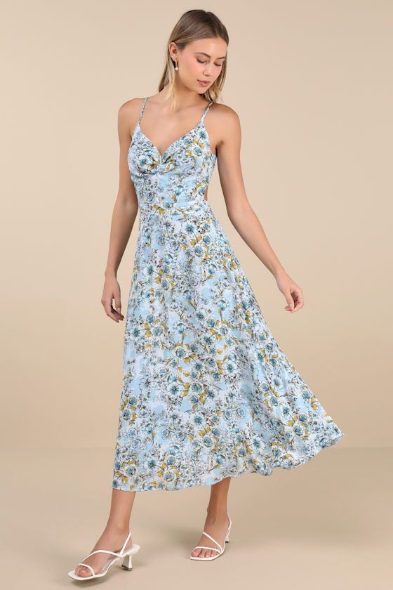 Shop Lulus Tie With You Light Blue Floral Print Tie-back Midi Dress