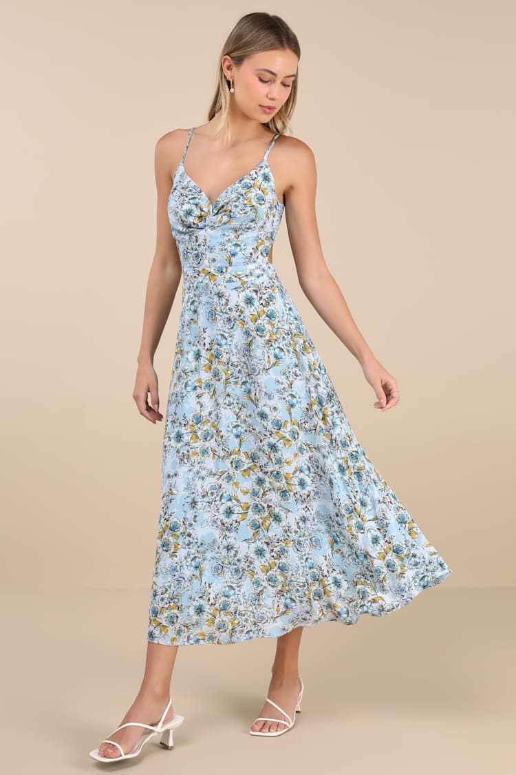 blue floral print lace up back twist detail midi dress Wedtrend Women Blue Flower Bridesmaid Dress With Slit Mermaid Floral Lace  Up Back Print Long Wedding Party Dress – WEDTREND