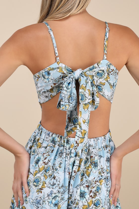 Shop Lulus Tie With You Light Blue Floral Print Tie-back Midi Dress