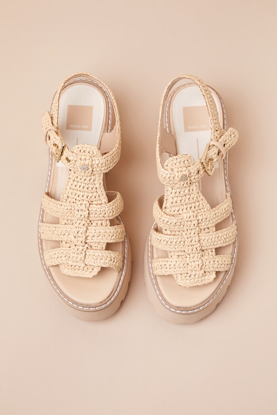 Dolce Vita Latice Light Natural Raffia Caged Platform Sandals In Beige