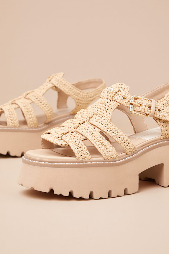 Dolce Vita Latice Light Natural Raffia Caged Platform Sandals In Beige