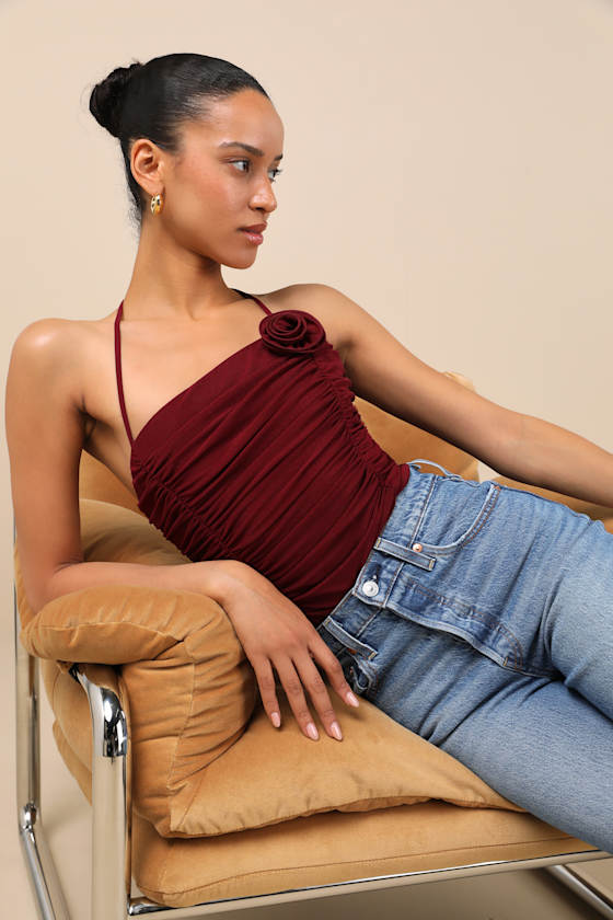 LULUS ELYAS BURGUNDY MESH RUCHED ROSETTE BACKLESS BODYSUIT