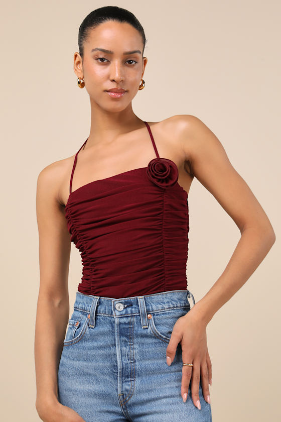 LULUS ELYAS BURGUNDY MESH RUCHED ROSETTE BACKLESS BODYSUIT