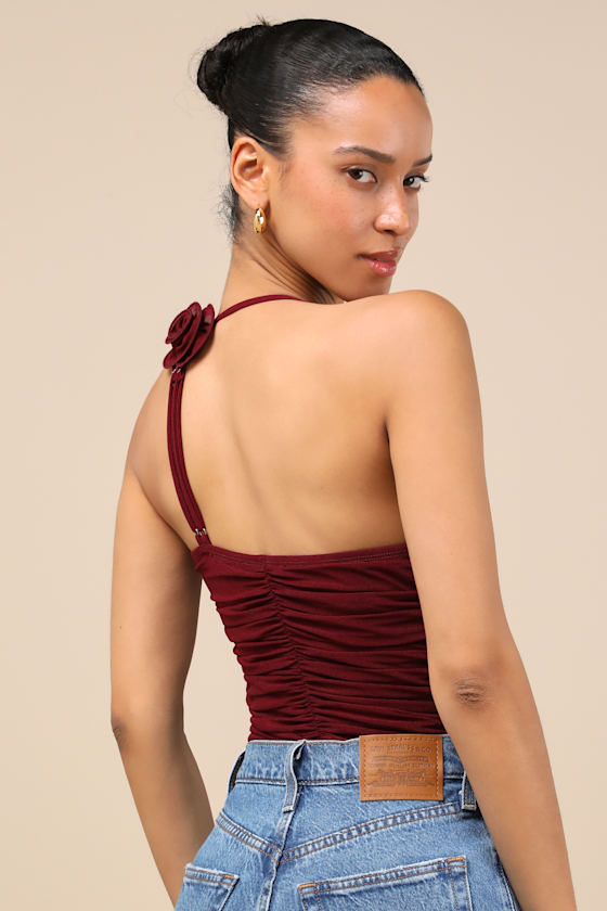 LULUS ELYAS BURGUNDY MESH RUCHED ROSETTE BACKLESS BODYSUIT