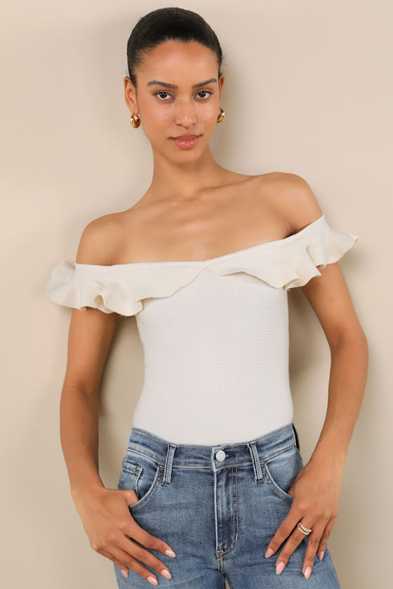 Ivory Ribbed Knit Top - Ribbed Knit Top - Ruffled Ribbed