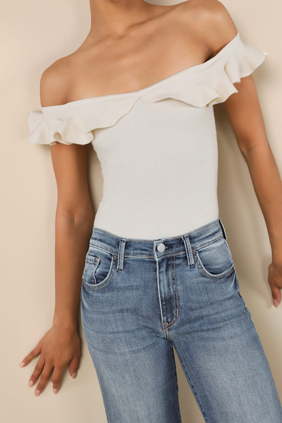 Lulus Eilonwy Ivory Ribbed Knit Ruffled Top In Ivory