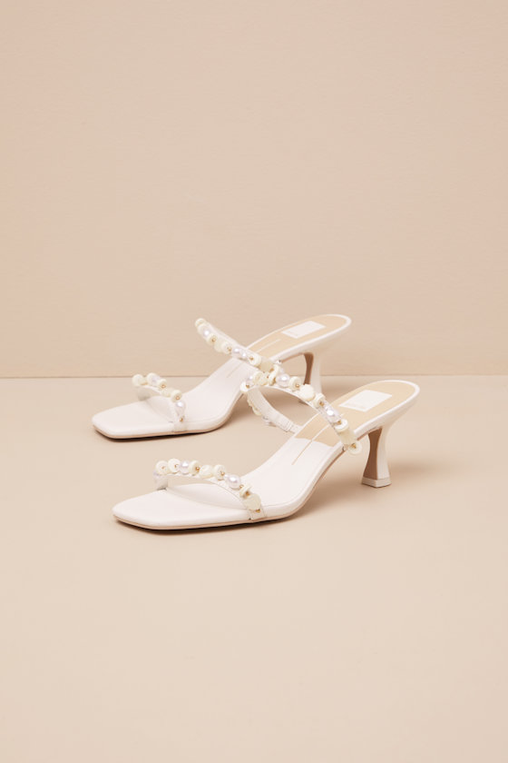 Dolce Vita Grason White Leather Pearl Beaded High Heel Slide Sandals In White