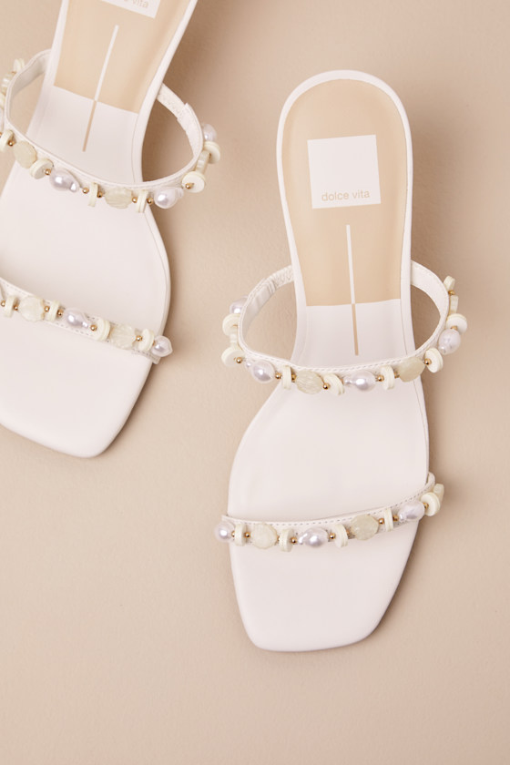 Dolce Vita Grason White Leather Pearl Beaded High Heel Slide Sandals In White