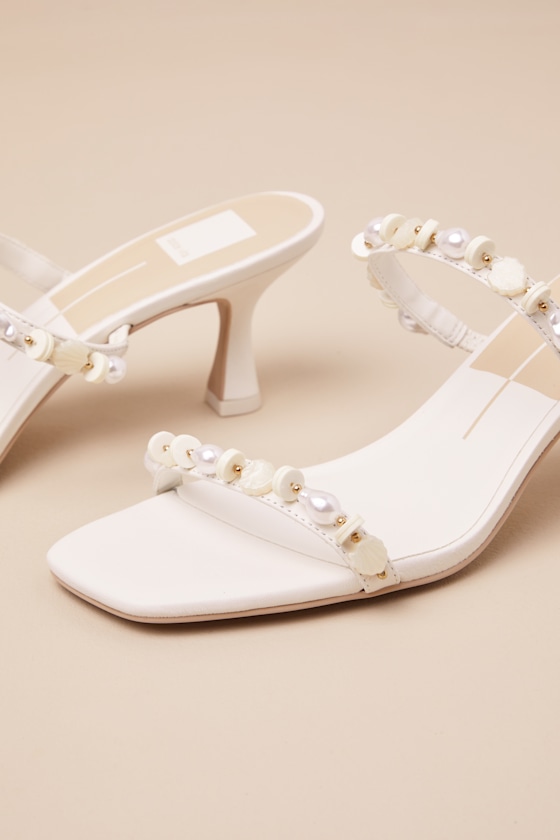 Dolce Vita Grason White Leather Pearl Beaded High Heel Slide Sandals In White