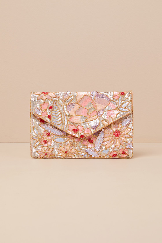 Lulus Lucasta Peach Multi Beaded Sequin Clutch In Peach