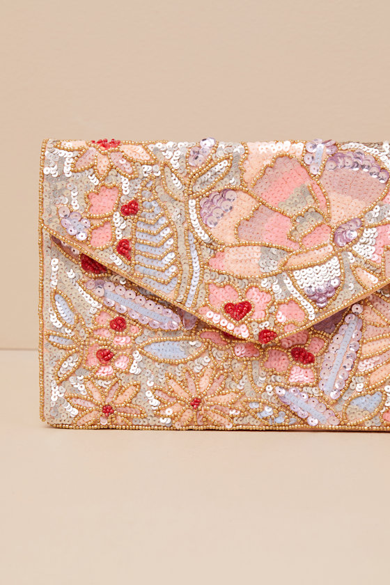 Lulus Lucasta Peach Multi Beaded Sequin Clutch In Peach