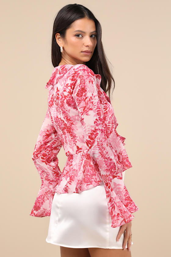 Lulus Thriving Flirt Pink Leaf Print Ruffled Long Sleeve Tie-front Top In Pink