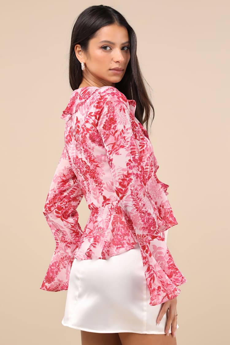 Thriving Flirt Pink Leaf Print Ruffled Long Sleeve Tie-Front Top