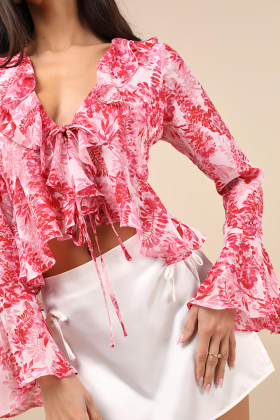Lulus Thriving Flirt Pink Leaf Print Ruffled Long Sleeve Tie-front Top In Pink
