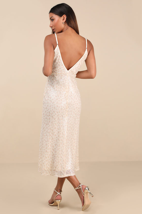 Shop Lulus Edaline Cream Floral Sequin Slip Midi Dress In White