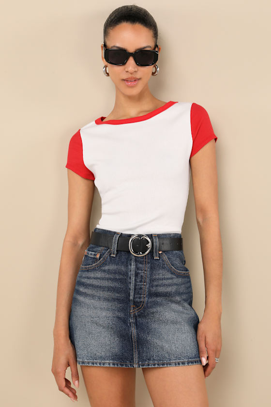 Jessie White and Red Ribbed Knit Crew Neck Baby Tee 1