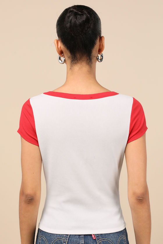 Lulus Jessie White And Red Ribbed Knit Crew Neck Baby Tee In White And Red
