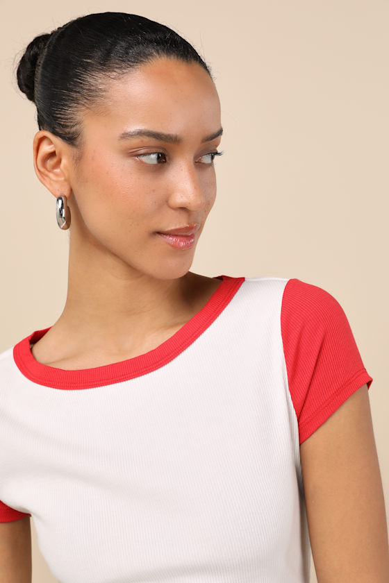 Lulus Jessie White And Red Ribbed Knit Crew Neck Baby Tee In White And Red